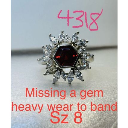 Ring Bomb Party Sz8 RBP Flower W/ Red Hexagon Gem Rhodium P Band *Missing A Gem*