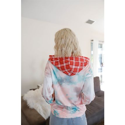 Feather & Tie-dye Print Contrast Plaid Hood Sweater