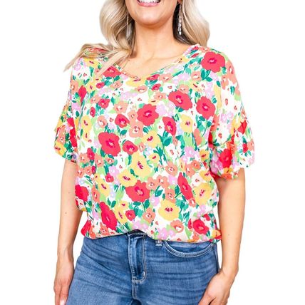 Red Floral Print Ruffled Short Sleeve V Neck Blouse