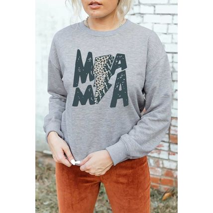 Gray MAMA Lightning Leopard Print Long Sleeve Sweatshirt