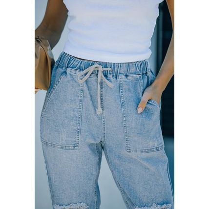 Sky Blue Gather Round Distressed Pocketed Denim Jogger