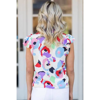Multicolor Abstract Print Ruffle Sleeve Smocked Blouse