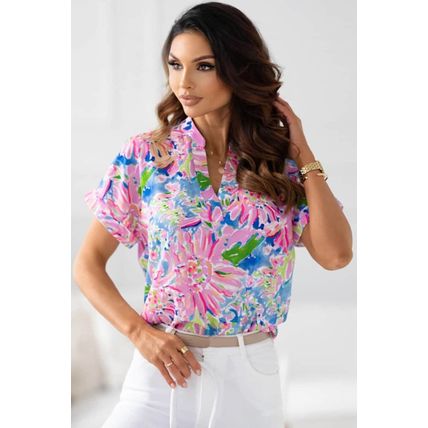 Pink Abstract Floral Print Notch V Neck Rolled Short Sleeve Blouse