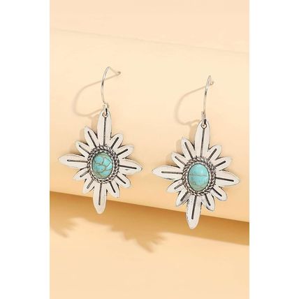 Silvery Western Turquoise Flower Shape Hook Earrings