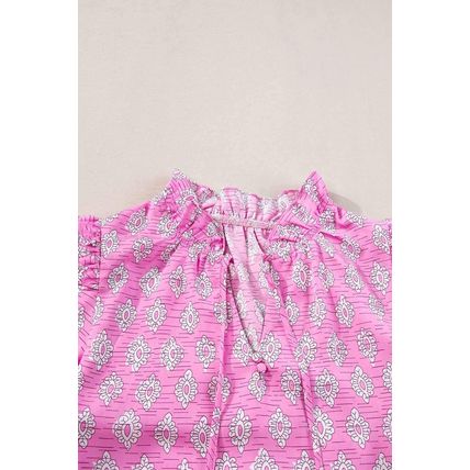 Pink Vintage Floral Ruffled Split Neck Short Sleeve Blouse