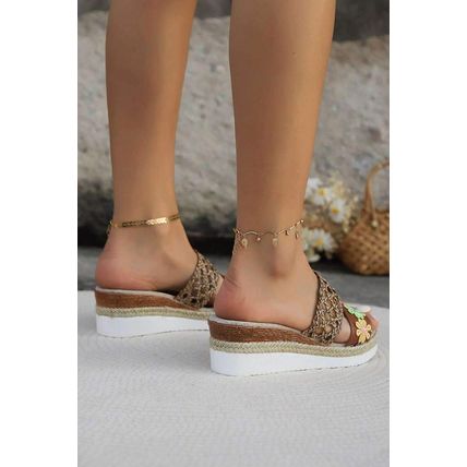 White Floral Print Braided Details Wedge Slippers