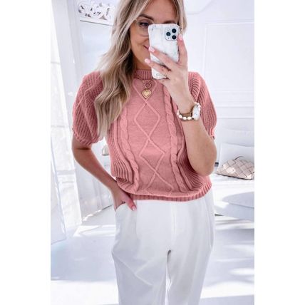 Pink Cable Knit Mixed Textured Short Sleeve Sweater