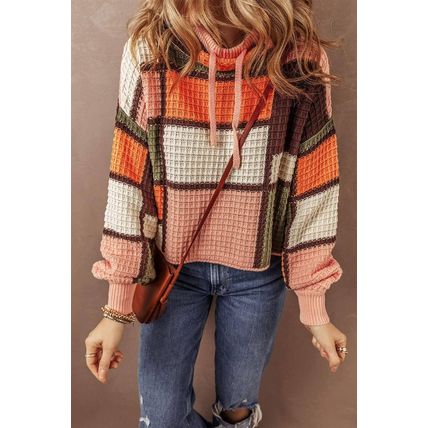 Orange Color Block Waffle Knit Drawstring Mock Neck Sweater