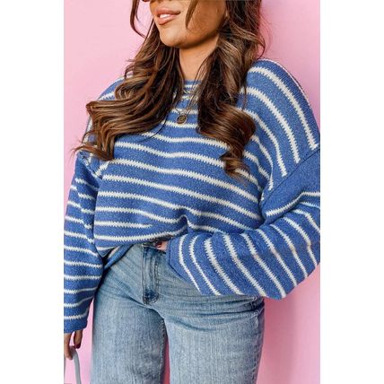 Sky Blue Stripe Drop Shoulder O Neck Plus Size Sweater