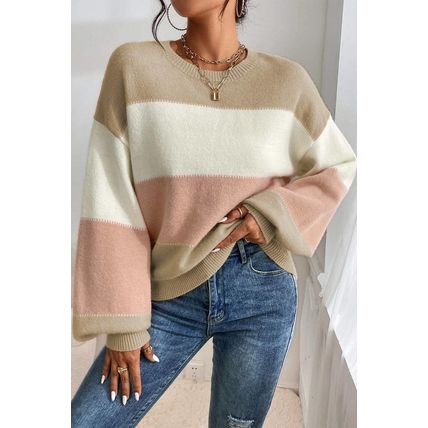 Dusty Pink Color Block Lantern Sleeve Drop Shoulder Sweater