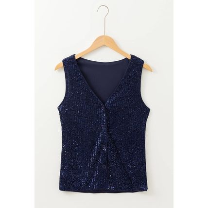 Dirty blue Sequined Deep V Neck Buttoned Tank Top