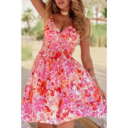 Red Floral Spaghetti Strap Surplice Neck Shirred Waist Mini Dress