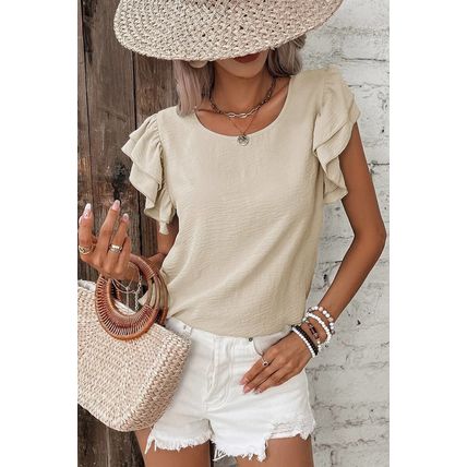 Beige Solid Color Ruffled Short Sleeve Casual Blouse