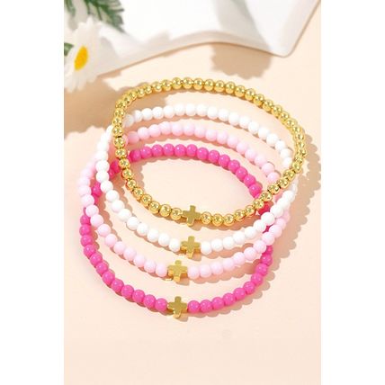 Gold Cross Beaded Multi Layered Elastic Bracelet Set