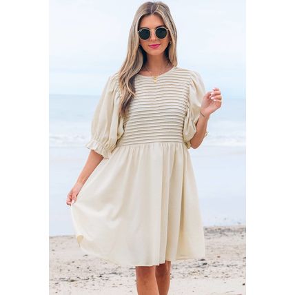 White Textured Ruffled Puff Sleeve Loose Dress