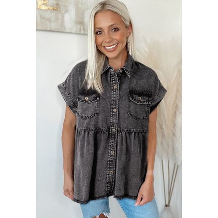 Black Short Sleeve Flap Pocket Button Up Raw Hem Denim Shirt
