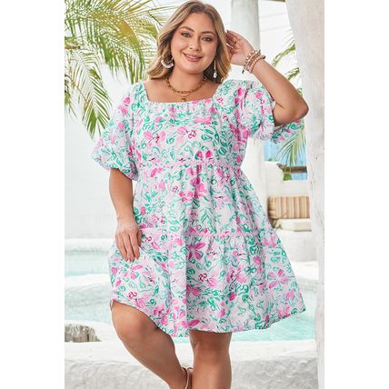 White Floral Print Ric-rac Trim Square Neck Plus Size Mini Dress