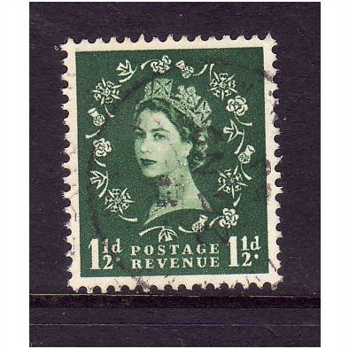 GREAT BRITAIN 1952 SG517 QEII TUDOR 1 1/2d GREEN FINE USED #3