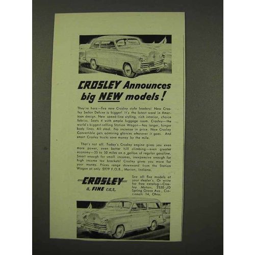 1949 Crosley Sedan Deluxe Car Ad - Big New Models