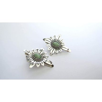 2 small silver green stone flower alligator hair clips for fine thin hair