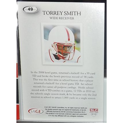 2011 SAGE Hit TORREY SMITH (Maryland/Ravens) Rookie Card #49