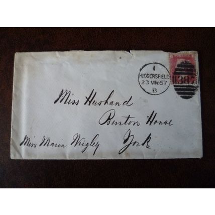 1867 GB QV 1d Red stamp JI Plate 95 cover Huddersfield York postmark Wrigley