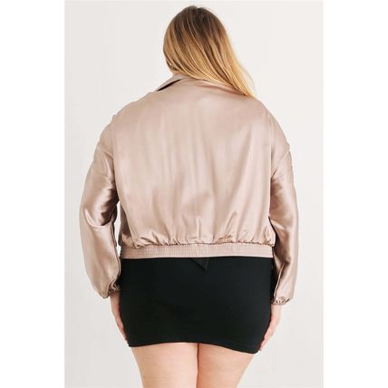 Plus Satin Zip-up Ruched Long Sleeve Cropped Bomber Jacket