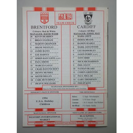 BRENTFORD v CARDIFF CITY FA Cup 2nd Round 04/12/1993