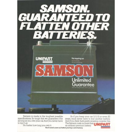 UNIPART SAMSON CAR BATTERY :- Original Vintage 1982 Magazine Advert <> POST FREE