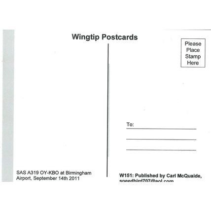 AIRBUS A319 AIRCRAFT S.A.S. AT BIRMINGHAM AIRPORT CARD NO W 151