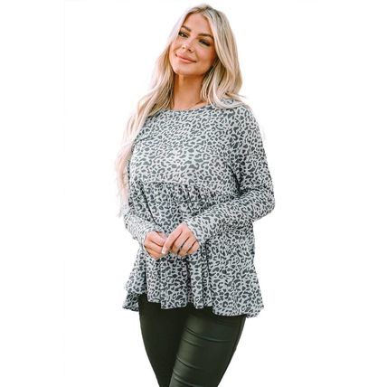 Leopard Print Long Sleeve Ruffled Babydoll Blouse