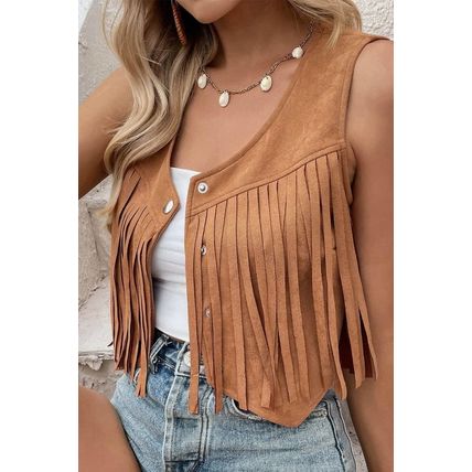 Camel Fringed Snap Button Front Suedette Vest