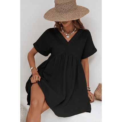 Black Folded Short Sleeve Lace V Neck Mini Dress