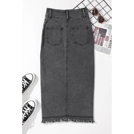 Black Raw Edge Side Slits Buttoned Midi Denim Skirt
