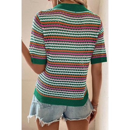 Dark Green Striped Pattern Contrast Trim Pointelle Knit T Shirt