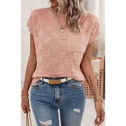 Dusty Pink Lattice Textured Knit Short Sleeve Sweater