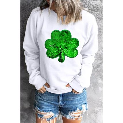 White Sequin Clover Embroidered Drop Shoulder Sweatshirt