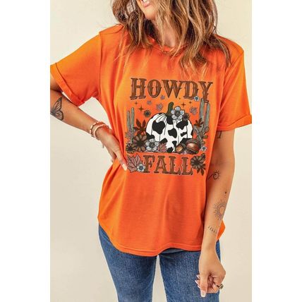 Orange HOWDY FALL Western Pumpkin Graphic T Shirt