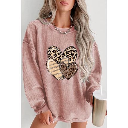 Pink Leopard Heart Shape Corded Loose Fit Sweatshirt