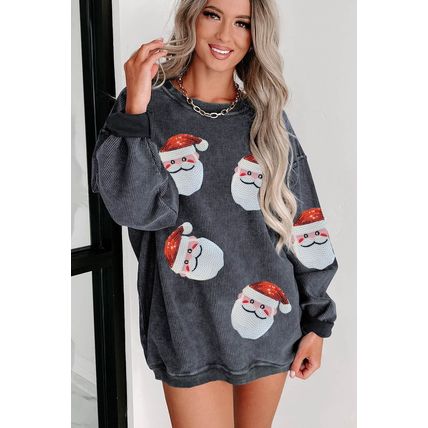 Gray Sequined Santa Claus Corded Christmas Sweatshirt