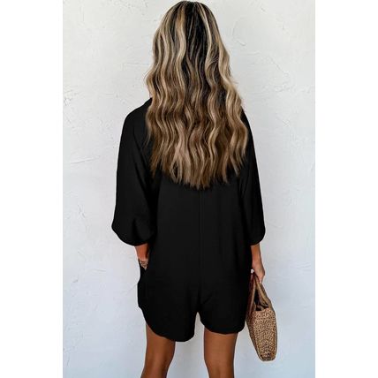 Black Half Button Collared Loose Romper