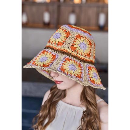 Beige Boho Flower Crochet Wide Brim Buckle Hat