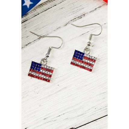Fiery Red Rhinestone USA Flag Squared Drop Earrings