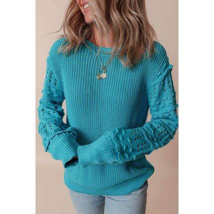 Turquoise Ruffled Eyelet Bubble Sleeve Sweater