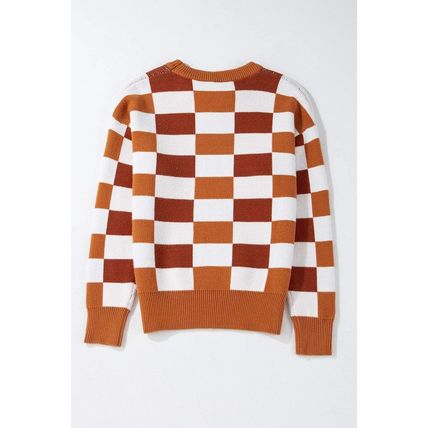 Orange Checkered Ribbed Edge O Neck Drop Shoulder Sweater