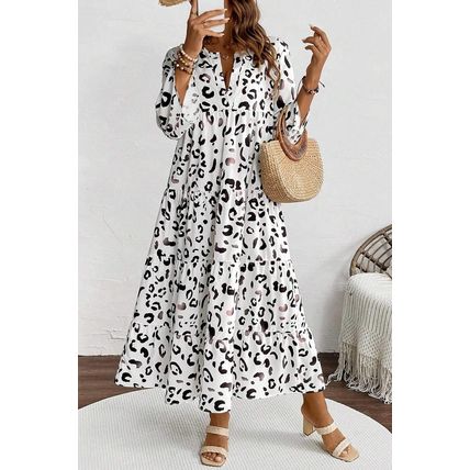 White Leopard Print Notch V Neck Loose Fit Maxi Dress