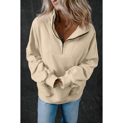 Smoke Gray Zip-up Stand Neck Kangaroo Pocket Sweatshirt