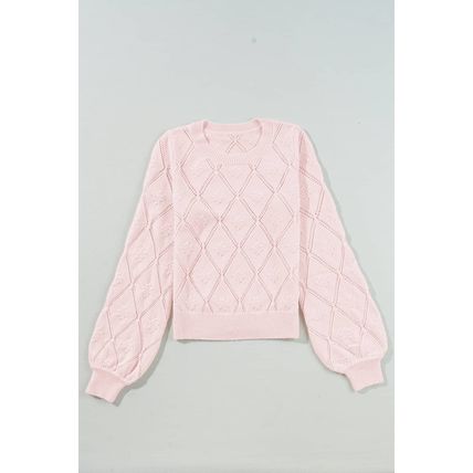 Gossamer Pink Openwork Plaid Puff Sleeve Cropped Sweater