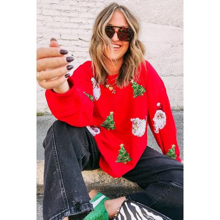 Red Santa Claus Christmas Tree Patched Pattern Drop Shoulder Sweatshirt