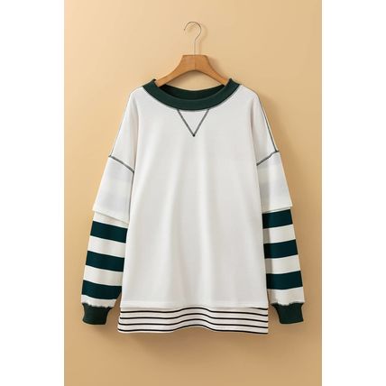 White Stripe Colorblock Sleeve Exposed Seam Fake-2-Piece Sweatshirt